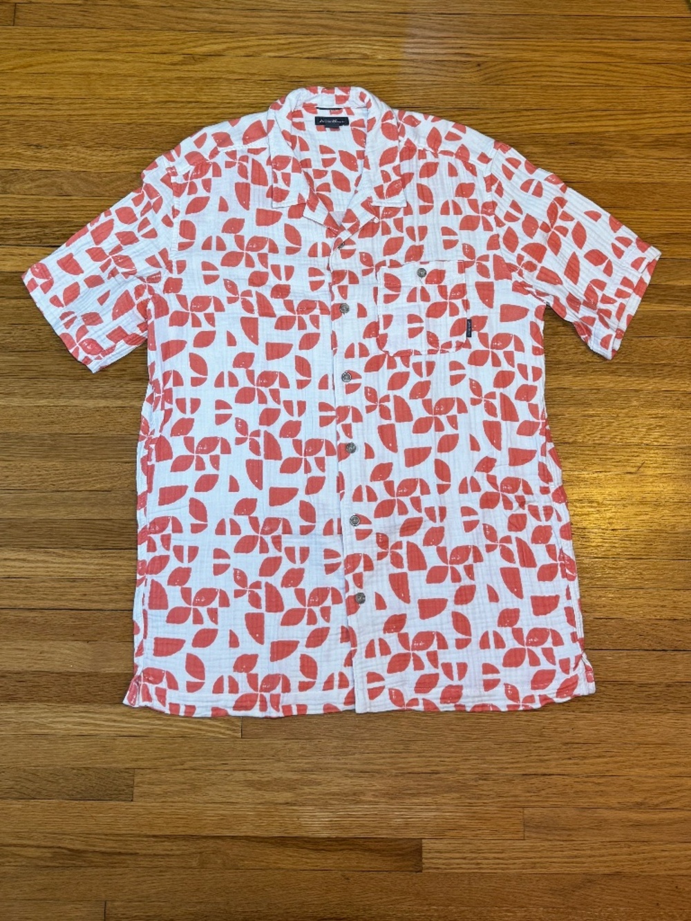 Eddie Bauer 70's Inspired Orange Geometric Design Short Sleeve Shirt LT